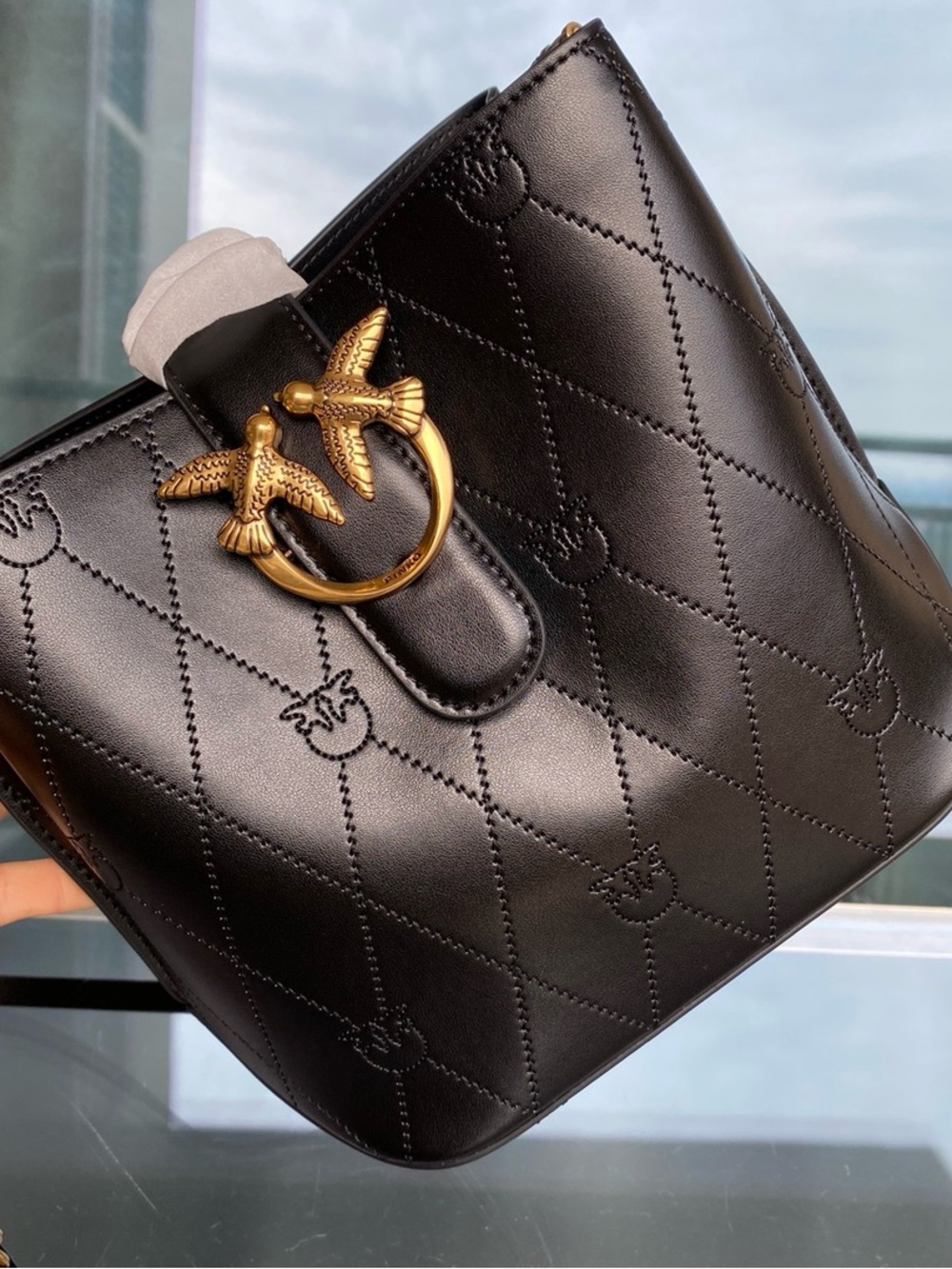 Pinko Black Quilted Leather Crossbody with Gold Love Birds Hardware - Picture 3 of 9